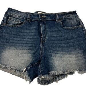 Zenana Women's 1X Dark Wash Frayed Hem Denim Shorts Casual Summer